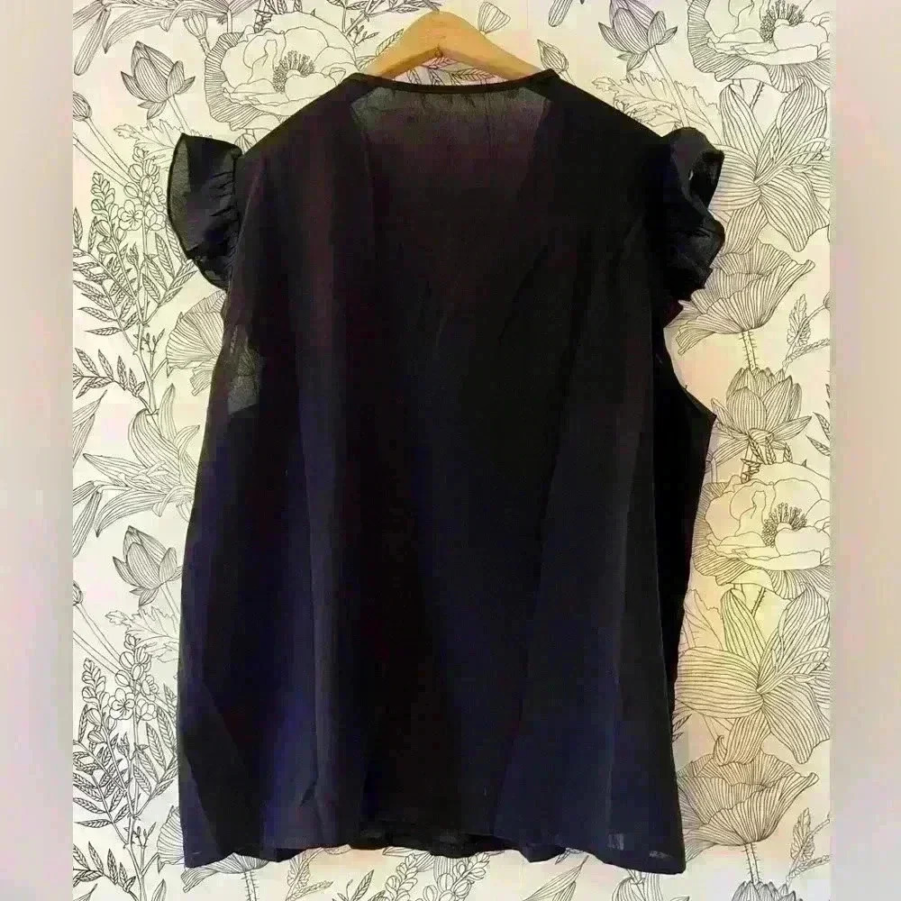 Black Ruffle Sleeved Top with Embroidered V-Neck, size XL - Picture 4 of 5